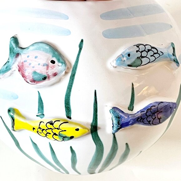 Italian Ceramic Vase with 3D Fish Hand Painted Round Shape Ocean Lake Home Decor - Picture 7 of 7
